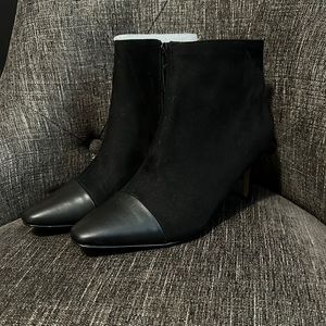 EXPRESS Black Faux Suede Leather Heeled Boots with Faux Leather Toe, NWT Size 8